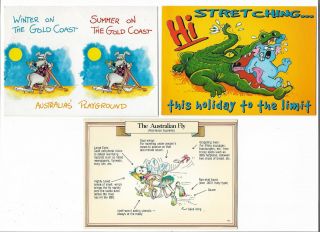 Three Humorous,  Funny,  Australia Postcards - Crocodile,  Koala,  Kangaroo,  Fly