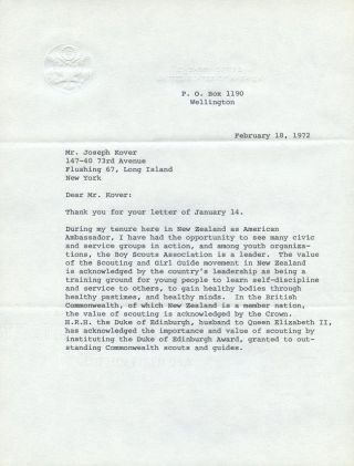 Kenneth Franzheim Ii Signed Letter - U.  S.  Ambassador To Zealand