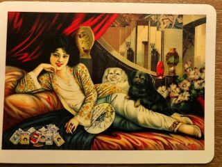 A - 56 Single Of Swap Playing Card In Cond.  Asian Lady With Pekingese Dogs