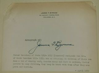 James F.  Byrnes Signed Letter Early Roosevelt Leader Secretary State 1945 - 1947