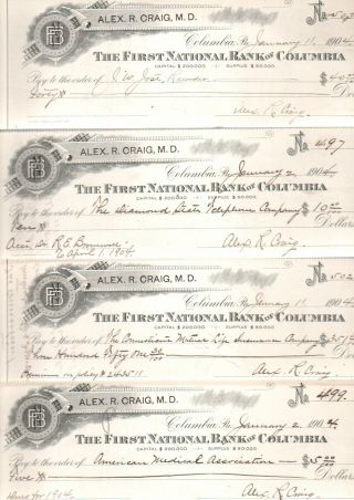 4 1900c Columbia,  Pa Pioneers Dr.  Alex R.  Craig,  Md Illustrated Bank Checks