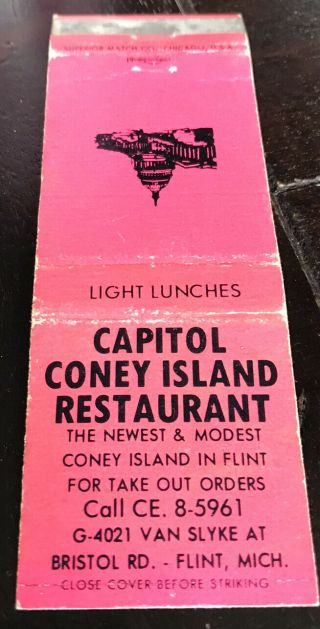 Matchbook Cover Capitol Coney Island Restaurant Flint Michigan