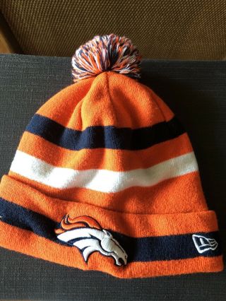 Denver Broncos Nfl Era Striped Knit Winter Pom Beanie Cap Hat One Size