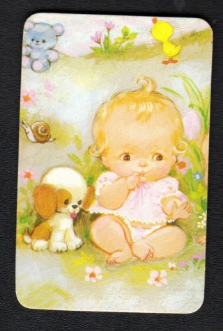 Vintage Swap Card - Cute Baby Girl With Puppy (blank Back)