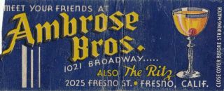 Ambrose Brothers Club Fresno California Matchbook Cover 1930 