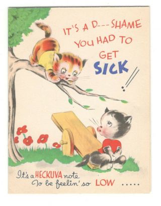 Vintage Rust Craft Greeting Card Anthropomorphic Cat On Seesaw 1940 