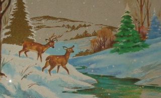 Vintage Christmas Card,  Deer By Snowy Forest And Lake,  Front 7 1/4 "