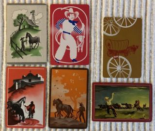 6 Vintage Playing Cards Horses/cowboys/ranchers/covered Wagon 1 Blank Swap