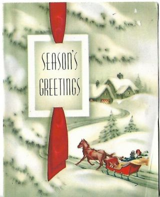 Vtg Greeting Card - Christmas Horse Drawn Sleigh Ride 4 X 5.  5 "