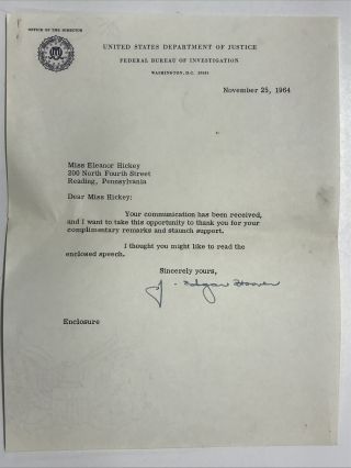J Edgar Hoover Fbi Signed Letter 1964 Autograph Federal Bureau Of Investigation