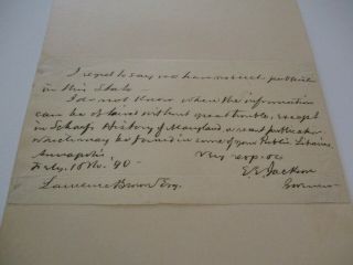 Eliho Jackson Antique American Autograph Signed Letter Governor Maryland 1890