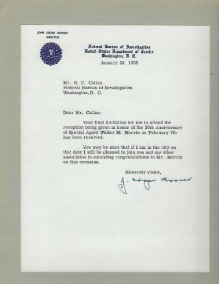 J Edgar Hoover Fbi Director Typed Letter Signed January 23,  1958 W/