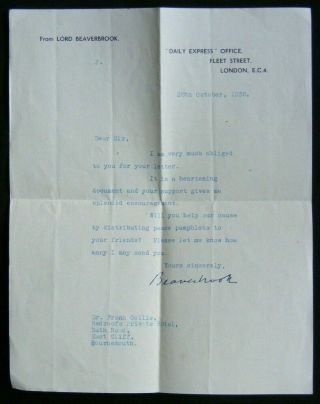 1935 Signature Autograph Letter Lord Beaverbrook Daily Express - Peace Pamphlets