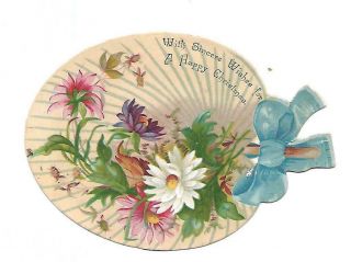 With Sincere Wishes For Happy Christmas Fan Diecut Blue Ribbon Vict Card C1880s
