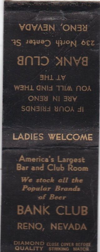 Bank Club Casino Reno Nevada Matchbook Cover 1930 