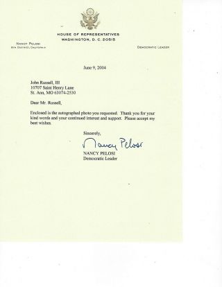 Speaker Of The House Nanci Pelosi Typed Letter Signed Certificate Of Authenticty