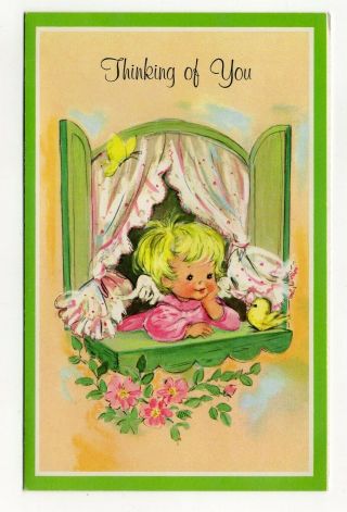 Vintage Thinking Of You Greeting Card Angel Girl Window Sill Os6