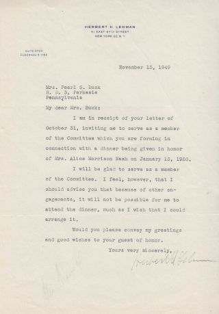Herbert H Lehman.  Tls As U.  S.  Senator To Nobel Laureate Novelist Pearl S.  Buck