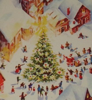 Vintage Christmas Card,  Santa And Villagers Decorating Town Tree,  6 "