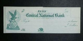 Central National Bank Of Lynn (massachusetts) 1860s Obsolete Remnant Check
