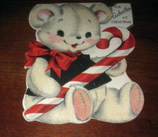 Vtg 1950s Hallmark Die Cut Christmas Card Flocked Bear Candy Cane