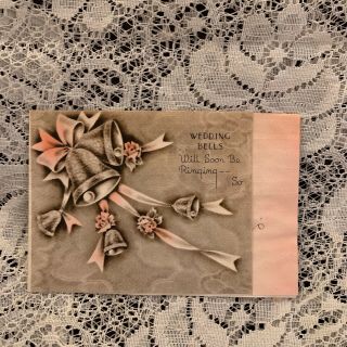 Vintage Greeting Card Bridal Shower Invite Bride Bells Pink Brown