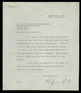Redfield Proctor Jr.  59th Governor Of Vermont Signed Letter Dated Oct 26,  1923