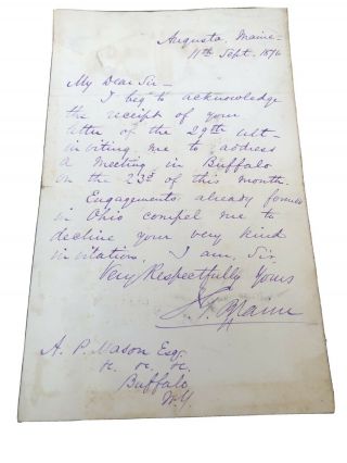 Rare Letter Signed Als Maine Senator James G Blaine 1876