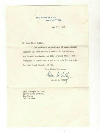 Grace Tully,  Fdr Private Secretary 1942,  Typed Signed From White House To Van Nuys