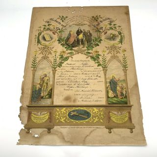 Antique 1875 Baptism Certificate German Freiderich Kahle 12x16 Unframed