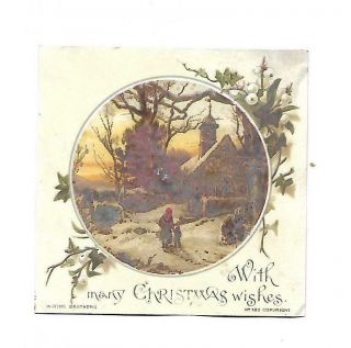 With Many Christmas Wishes Church In Snow Amber Sky Vict Card C1880s