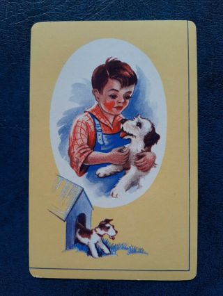 Playing Cards Swap,  One Card,  Dog,  Puppy With Young Boy,  In Oval,  Dog Kennel.