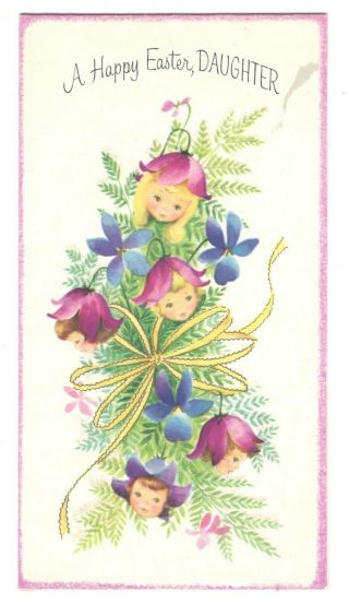 Vintage Rust Craft Easter Greeting Card Pixie Girls Flower Buds 1960 