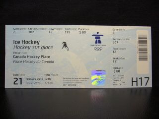 2010 Vancouver Olympic Games Ticket Ice Hockey - 21 Feb (t)
