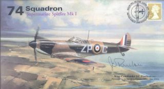 Raf Signed Cover 74 Sqn Spitfire Signed Ww2 Fighter Ace Freeborn Dfc Av600 74c