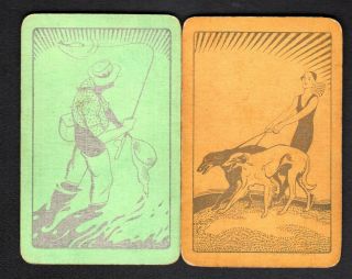 Vintage Swap/playing Cards - Lady With Dogs & Man Fishing Pair (linen)