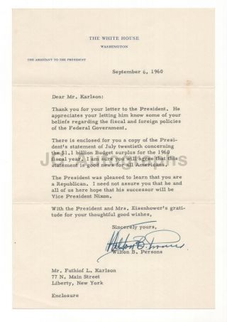 Wilton Persons - Eisenhower Chief Of Staff - Signed Letter (tls),  1960