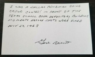 Autographed Gene Barnett Index Card W/coa Dallas Police Jfk Assassination