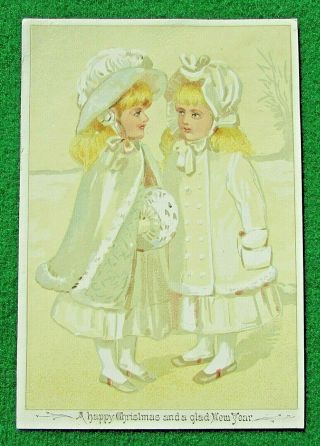Victorian Xmas Card,  Little Girls With Muff,  Cloak And Bonnets