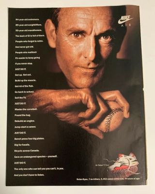 1991 Nike Air X Nolan Ryan Air Trainer Just Do It Print Ad Texas Rangers Hof