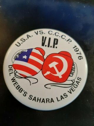 Vintage Boxing Pinback Button Usa Vs Soviets Sahara Hotel Casino Las Vegas 1976