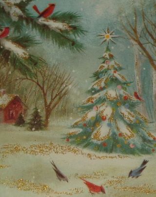 Vintage Christmas Card,  Lovely Birds And Tree In The Woods,  Hallmark 5 "