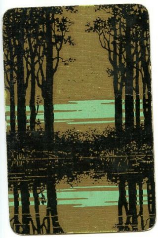Vintage Swap Card - Silhouetted Forest Trees Reflection In Water - Playing Card