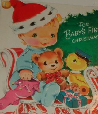 Vintage Christmas Card,  Precious Baby And Animals On Candy Sleigh,  5 "