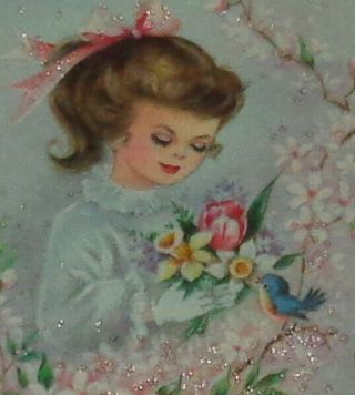 Vintage Greeting Card,  Girl With Bird And Flowers,  6 "