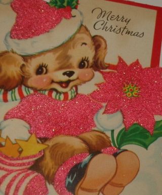 Vintage Christmas Card,  Sweet Puppy Dog Holding Poinsettia Flower,  5 "