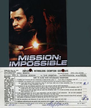 Greg Morris Signed W - 4 Form (1969) W/ 5x7 Photo - " Mission Impossible " Tv Show