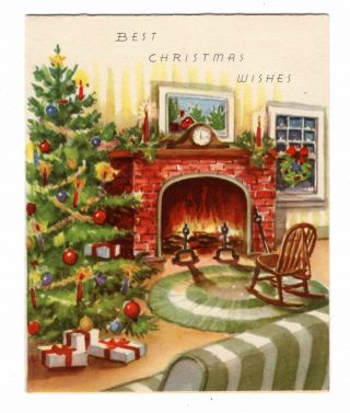 Vintage A - Meri - Card Christmas Greeting Card Cozy Living Room Fireplace Os7