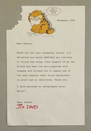 Jim Davis Signed 1986 Garfield Typed Letter Autographed Auto Cartoonist