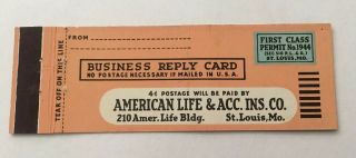 Vintage Matchbook Cover Matchcover American Life Insurance Co Mo Full Length